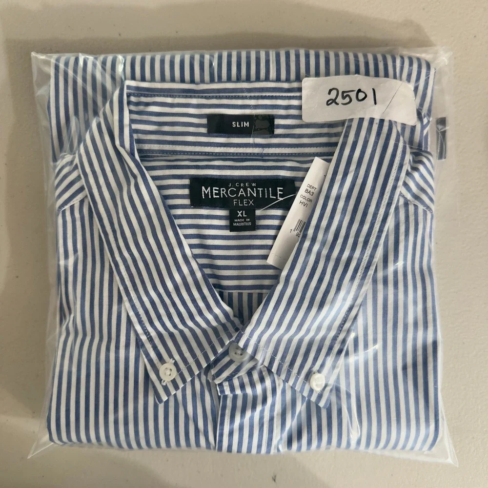 J. Crew Button Down Shirt Mens XL Blue Striped Mercantile Flex Slim